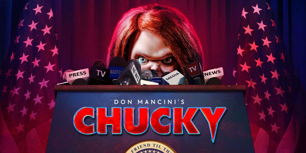 A cropped version of the Chucky Season 3 poster depicting Chucky standing at a lecturn in the White House with the words 'Don Mancini's Chucky' at the front of the lecturn.